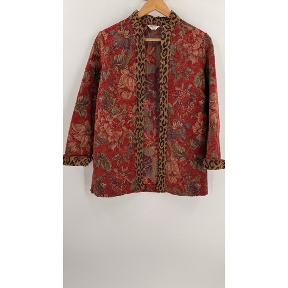 Vintage 90s Laura Ashley Floral Leopard Tapestry Jacket Size Petite SMALL - Picture 1 of 9
